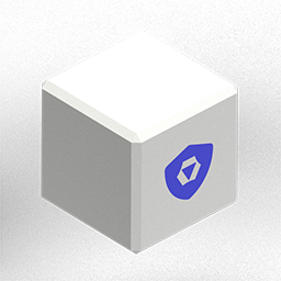 A white box with a blue shield logo on the front of it